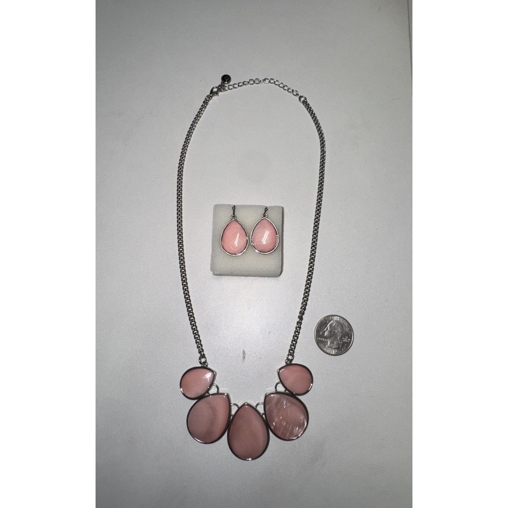 Vintage Cato Mother of Pearl Necklace Earring Set Silver Tone Pink Teardrop 18"